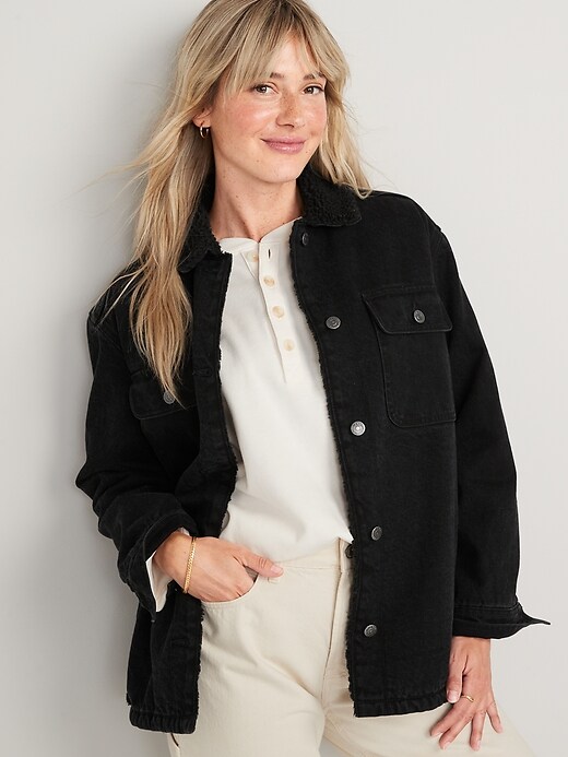 Image number 1 showing, Sherpa-Lined Black-Wash Non-Stretch Jean Utility Shacket or Women