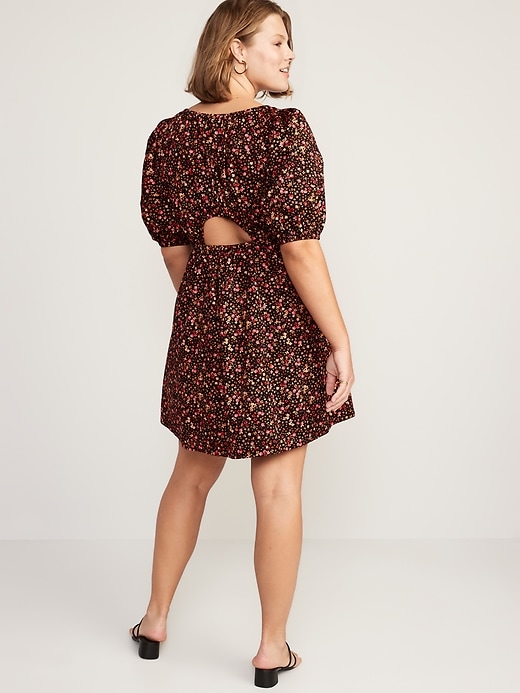 Image number 4 showing, Waist-Defined Puff-Sleeve Floral Cotton-Poplin Mini Dress for Women