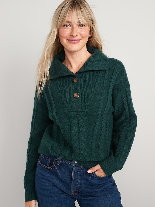 Image number 1 showing, Button-Front Cable-Knit Sweater