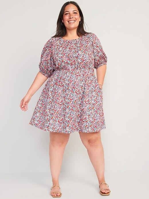 Image number 5 showing, Waist-Defined Puff-Sleeve Floral Cotton-Poplin Mini Dress