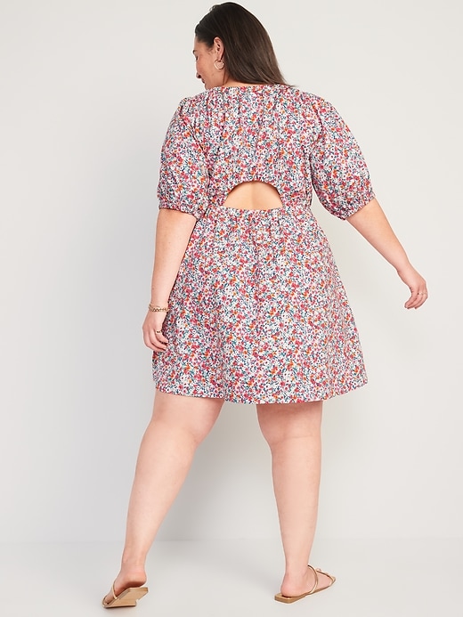 Image number 6 showing, Waist-Defined Puff-Sleeve Floral Cotton-Poplin Mini Dress