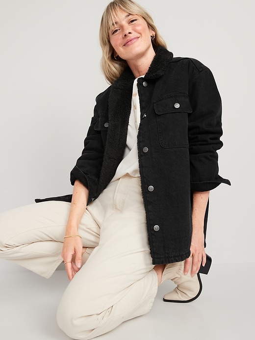 Image number 3 showing, Sherpa-Lined Black-Wash Non-Stretch Jean Utility Shacket or Women