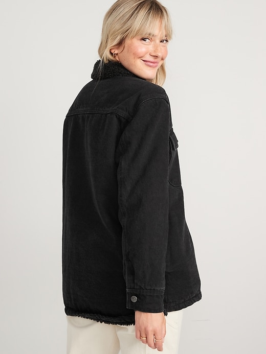 Image number 2 showing, Sherpa-Lined Black-Wash Non-Stretch Jean Utility Shacket or Women