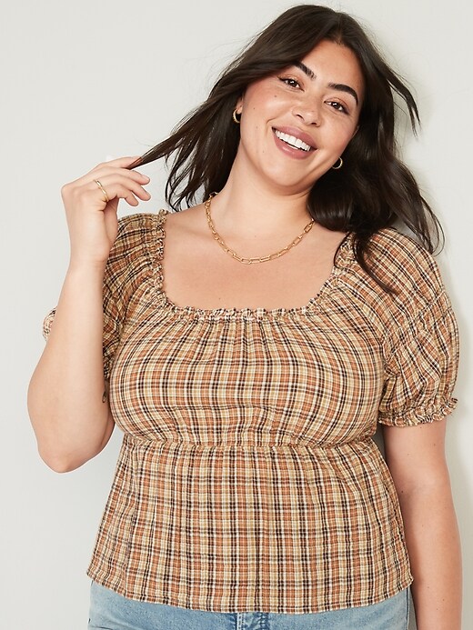 Image number 7 showing, Fitted Puff-Sleeve Plaid Top for Women