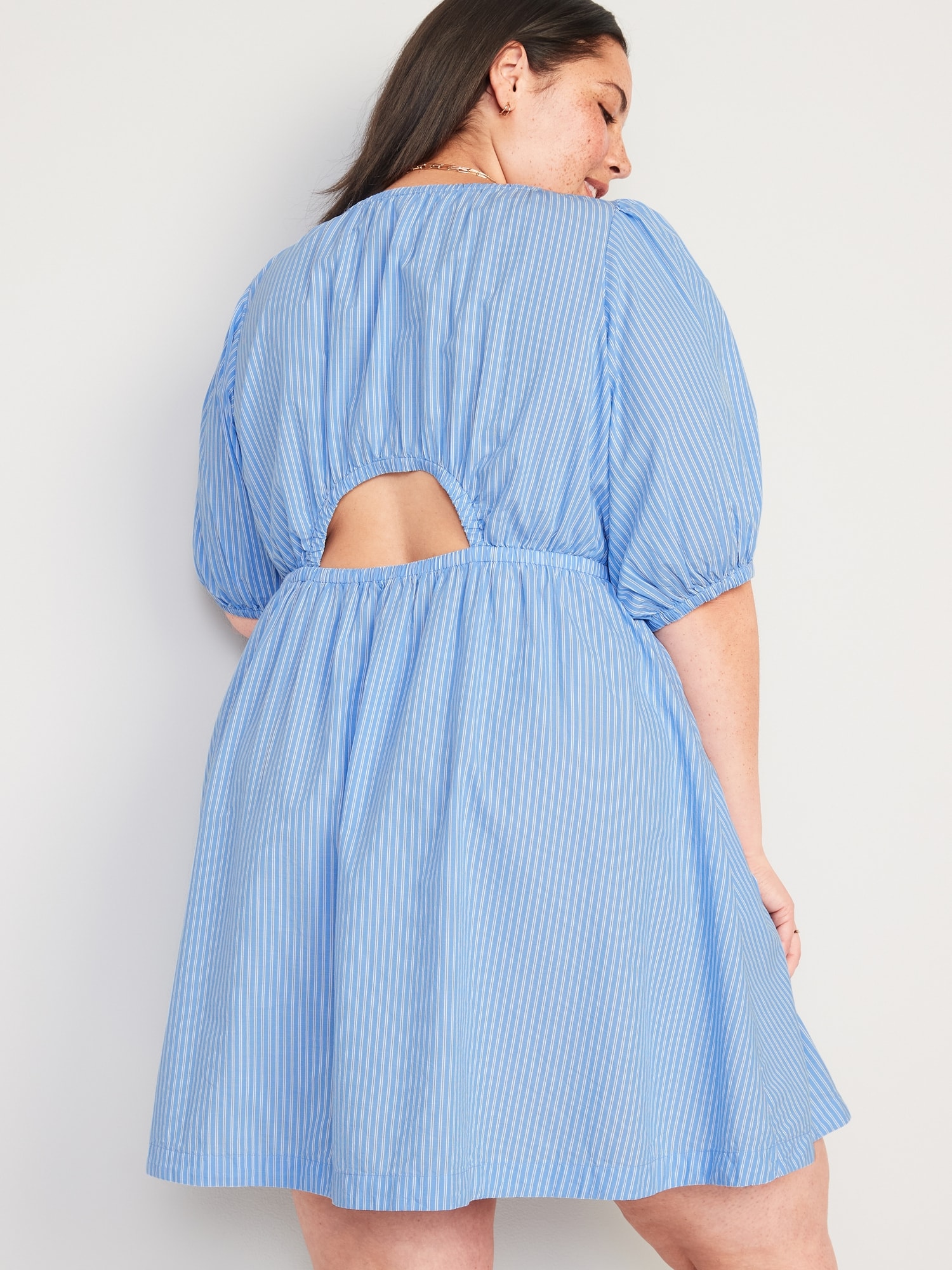 Waist-Defined Puff-Sleeve Striped Cotton-Poplin Mini Dress for