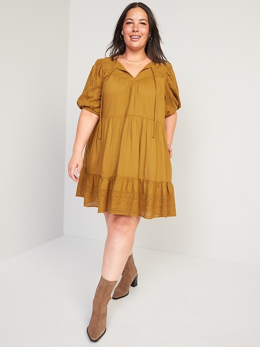 Image number 5 showing, Puff-Sleeve Tiered Embroidered Mini Swing Dress