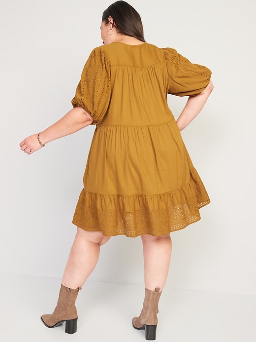 Image number 6 showing, Puff-Sleeve Tiered Embroidered Mini Swing Dress