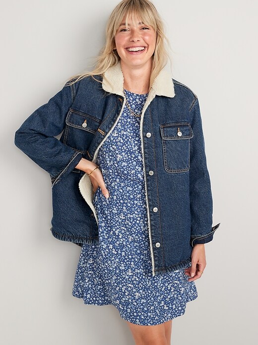 Image number 1 showing, Sherpa-Lined Non-Stretch Jean Utility Shacket for Women
