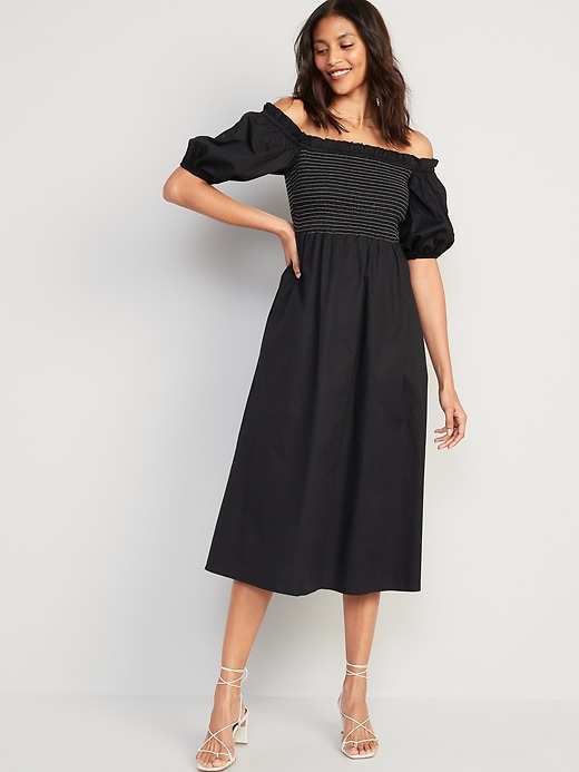 Image number 1 showing, Fit & Flare Off-The-Shoulder Puff-Sleeve Smocked Cotton-Poplin Midi Dress for Women