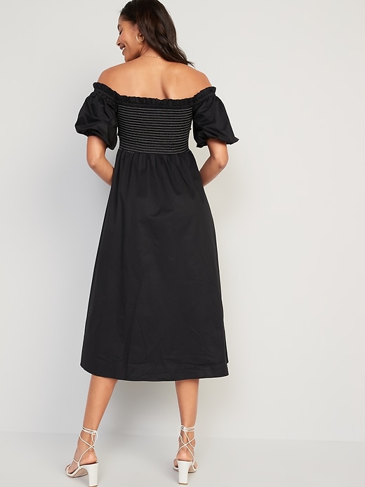 Image number 2 showing, Fit & Flare Off-The-Shoulder Puff-Sleeve Smocked Cotton-Poplin Midi Dress for Women