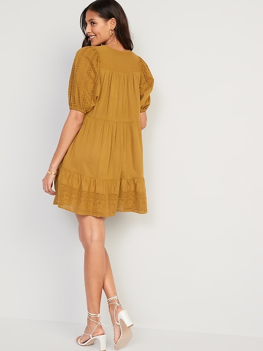 Image number 2 showing, Puff-Sleeve Tiered Embroidered Mini Swing Dress