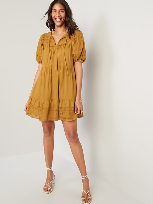 Image number 1 showing, Puff-Sleeve Tiered Embroidered Mini Swing Dress