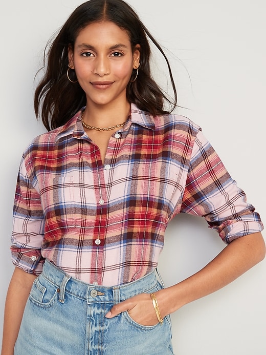 Image number 1 showing, Cropped Plaid Flannel Boyfriend Shirt
