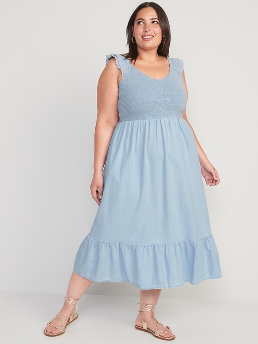 Fit & Flare Non-Stretch Jean Smocked Midi Dress for Women | Old Navy