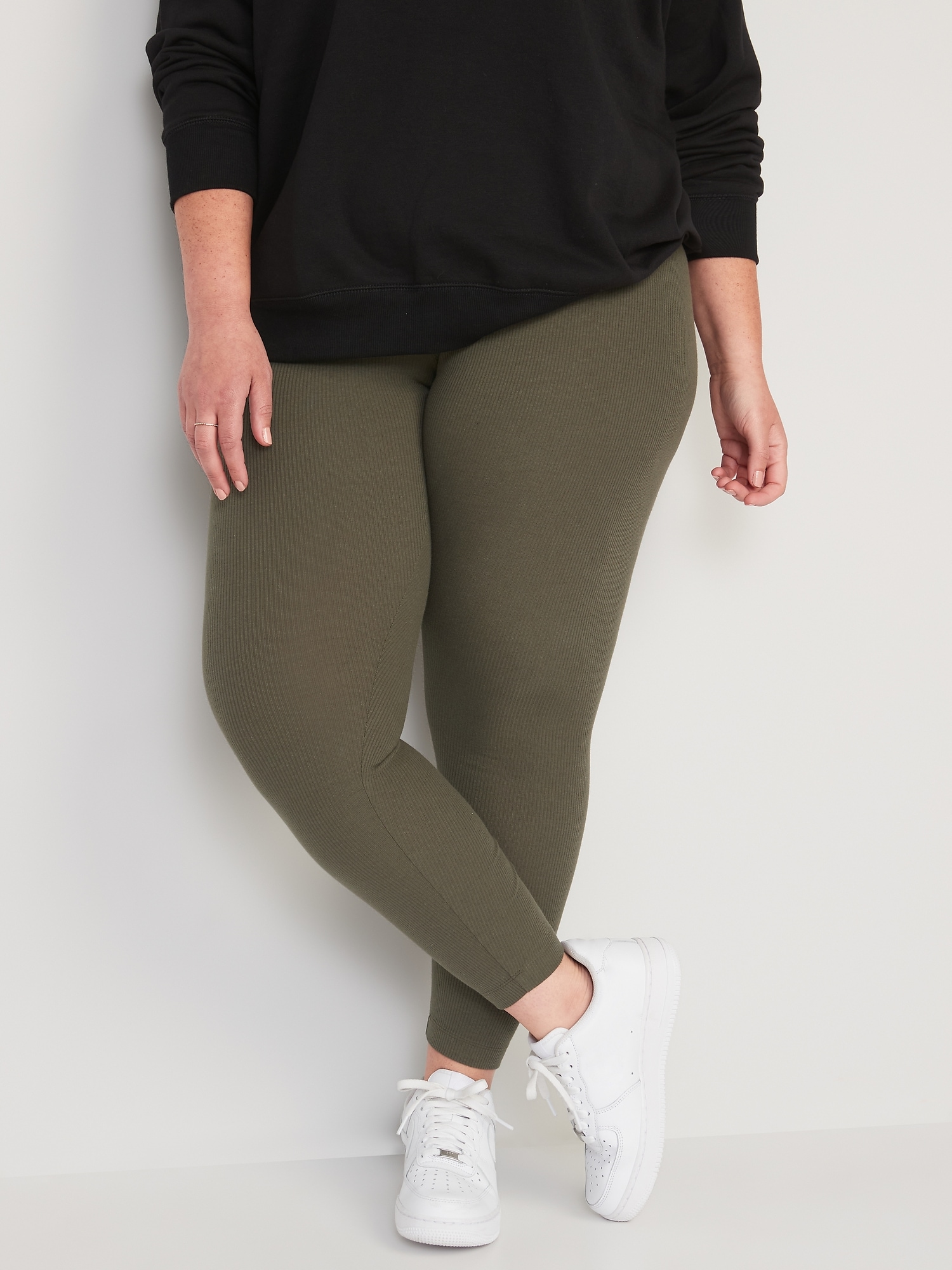 Plus Size Ribbed High Waisted Leggings - Olive