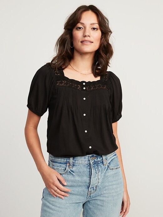 Image number 1 showing, Puff-Sleeve Crochet-Trimmed Pintucked Swing Blouse for Women