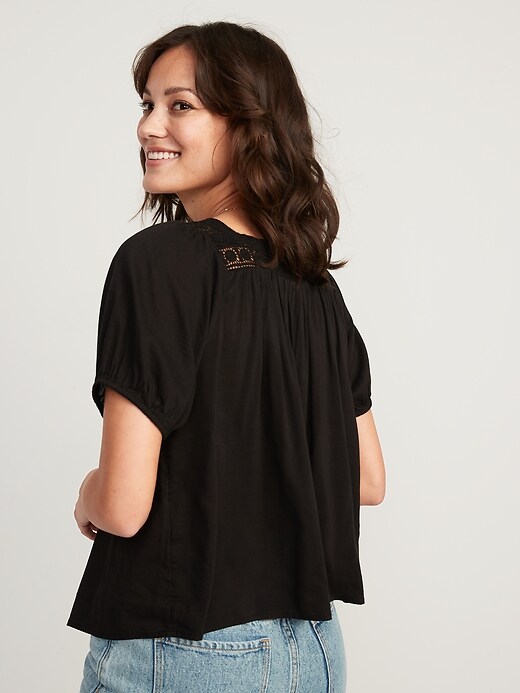 Image number 2 showing, Puff-Sleeve Crochet-Trimmed Pintucked Swing Blouse for Women