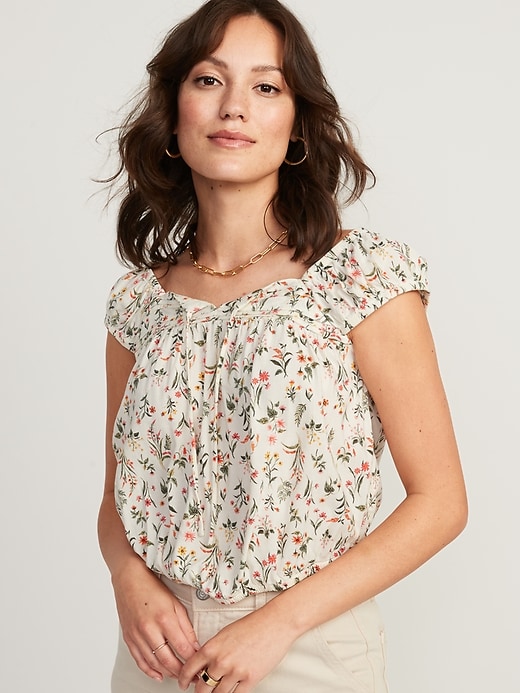 Image number 1 showing, Puff-Sleeve Cropped Floral-Print Pintucked Blouse