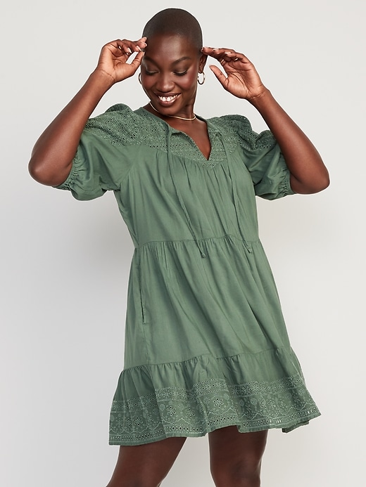 Image number 5 showing, Puff-Sleeve Tiered Embroidered Mini Swing Dress for Women