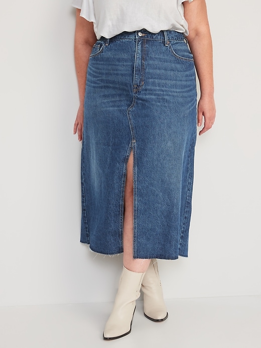 Image number 7 showing, High-Waisted Split-Front Cut-Off Non-Stretch Jean Maxi Skirt for Women