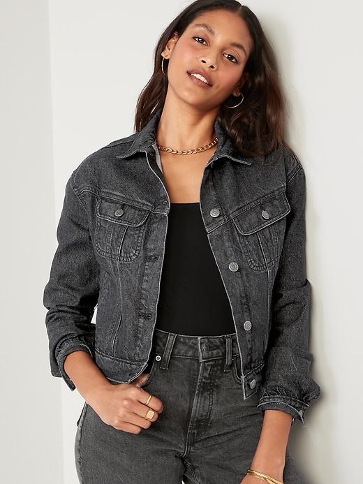 Image number 1 showing, Cropped Black-Wash Non-Stretch Jean Jacket for Women
