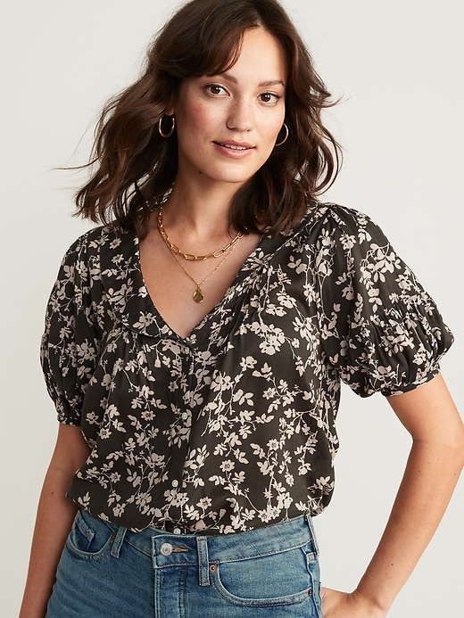 Image number 1 showing, Puff-Sleeve Floral-Print Peter Pan Collar Shirt for Women