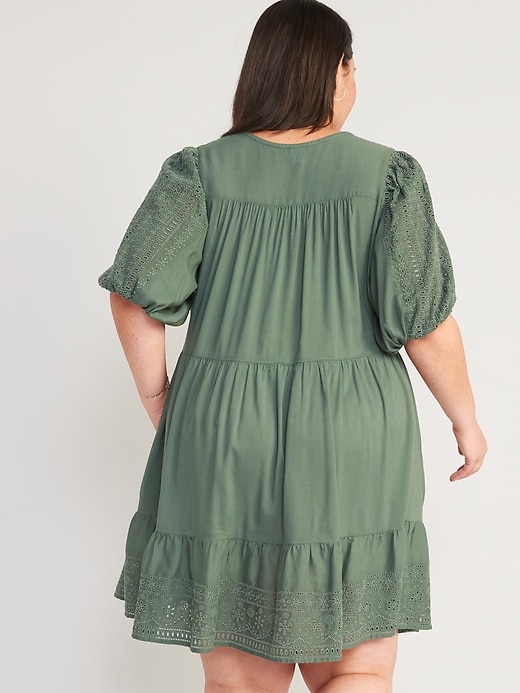 Image number 8 showing, Puff-Sleeve Tiered Embroidered Mini Swing Dress for Women