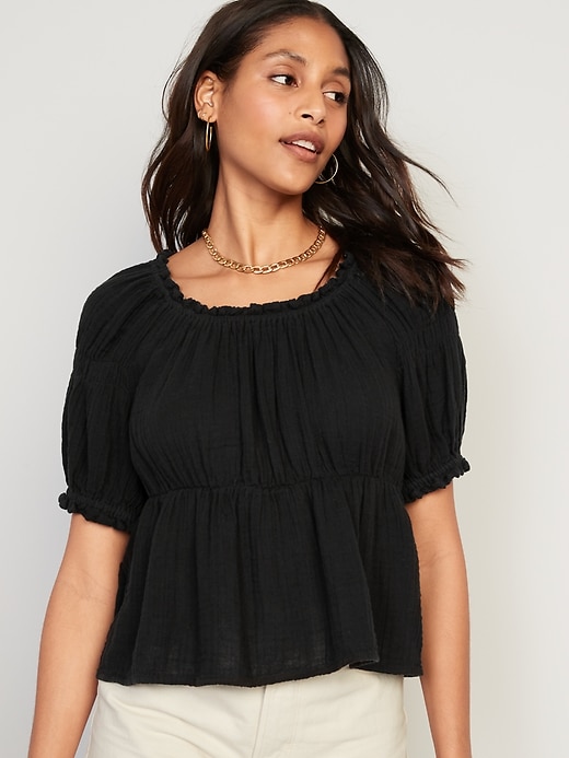 Puff-Sleeve Shirred Babydoll Blouse for Women | Old Navy