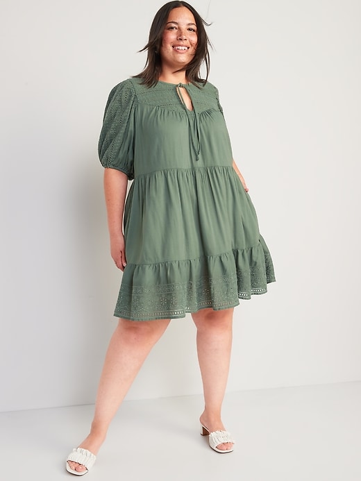 Image number 7 showing, Puff-Sleeve Tiered Embroidered Mini Swing Dress for Women