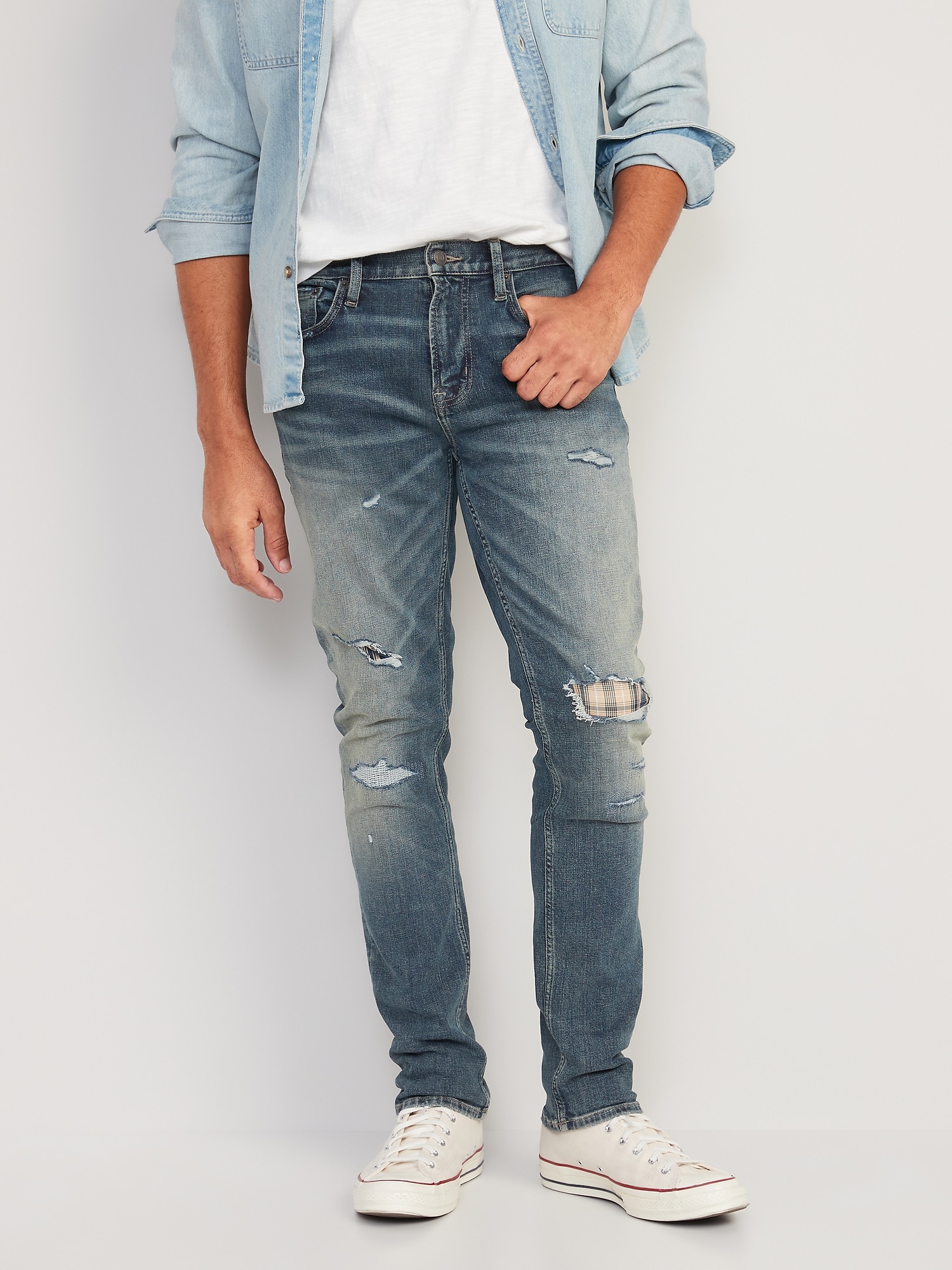 Slim Built-In Flex Rip & Repair Plaid Patch Jeans for Men | Old Navy