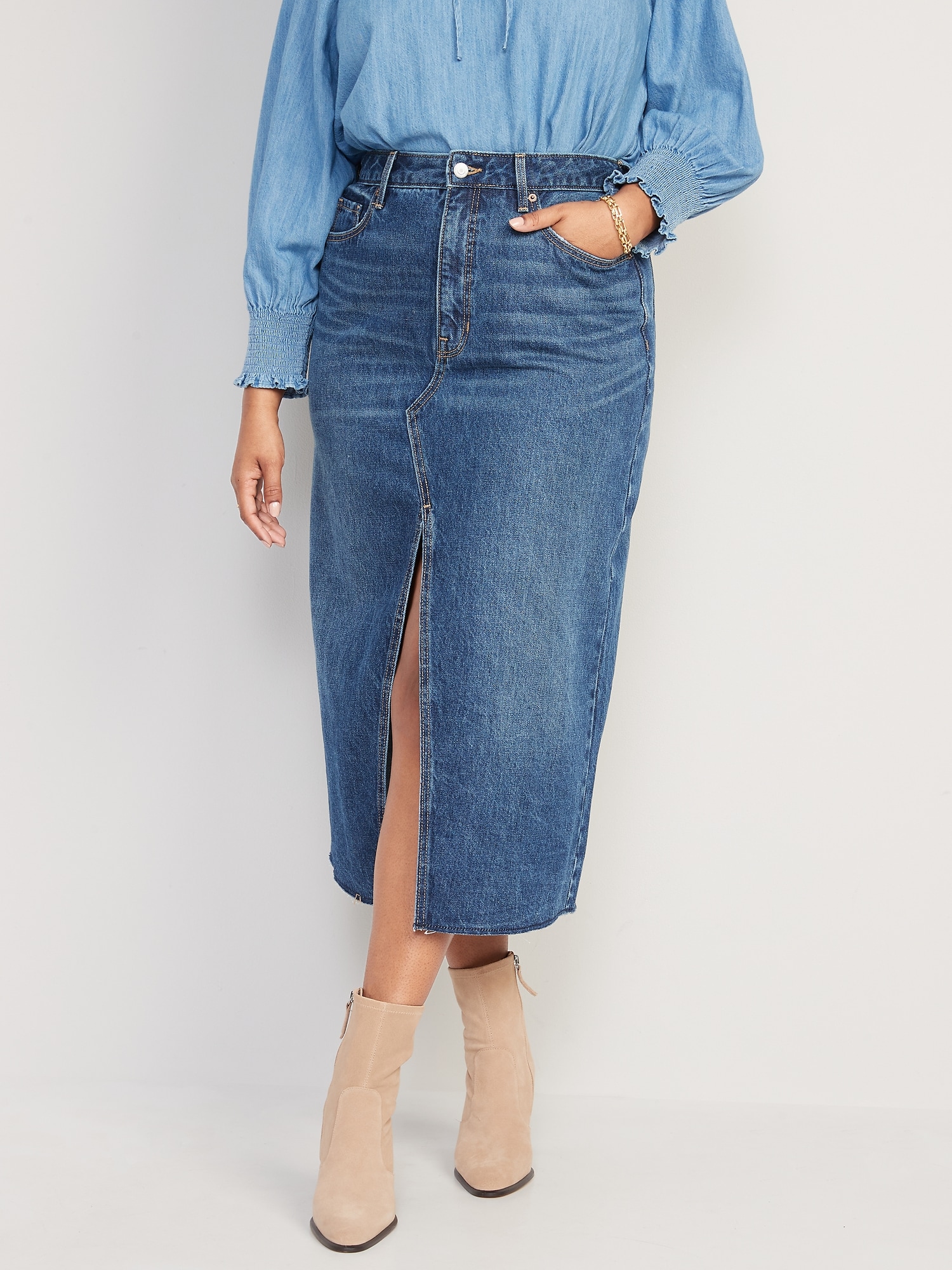 High-Waisted Split-Front Cut-Off Non-Stretch Jean Maxi Skirt for Women ...