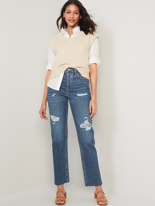 Image number 3 showing, Extra High-Waisted Button-Fly Sky-Hi Straight Cut-Off Non-Stretch Jeans for Women