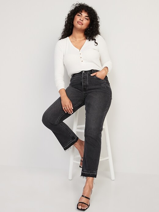 Image number 3 showing, High-Waisted Button-Fly Slouchy Straight Black-Wash Cut-Off Non-Stretch Jeans for Women