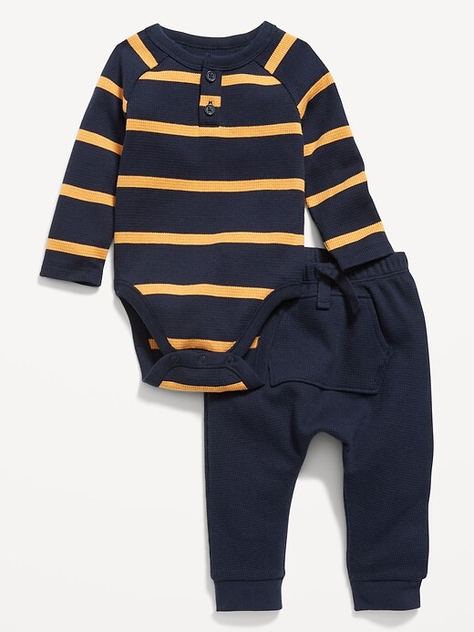 View large product image 1 of 2. Unisex Thermal-Knit Henley Bodysuit and Leggings Set for Baby