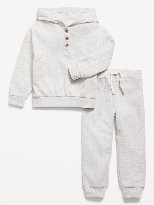 Thermal-Knit Henley Hoodie and Sweatpants Set for Toddler Girls