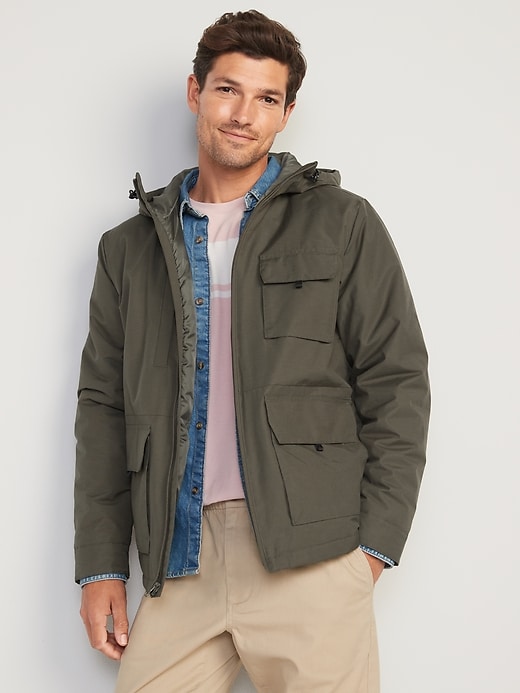 Image number 1 showing, Water-Resistant Hooded Utility-Pocket Jacket for Men