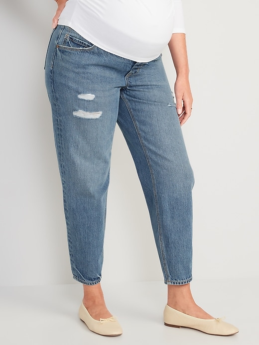 Image number 1 showing, Maternity Front Low Panel Ripped Slouchy Taper Jeans