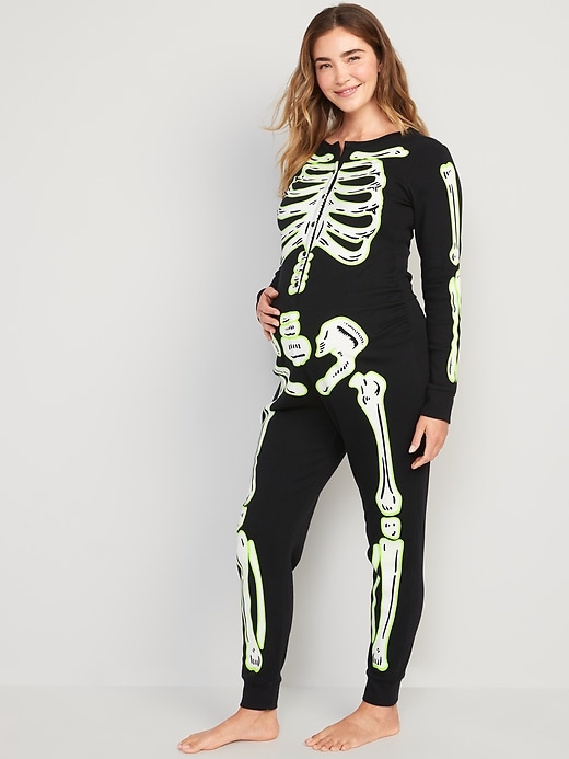 Image number 1 showing, Maternity Matching Halloween Glow-in-the-Dark Skeleton One-Piece Pajamas