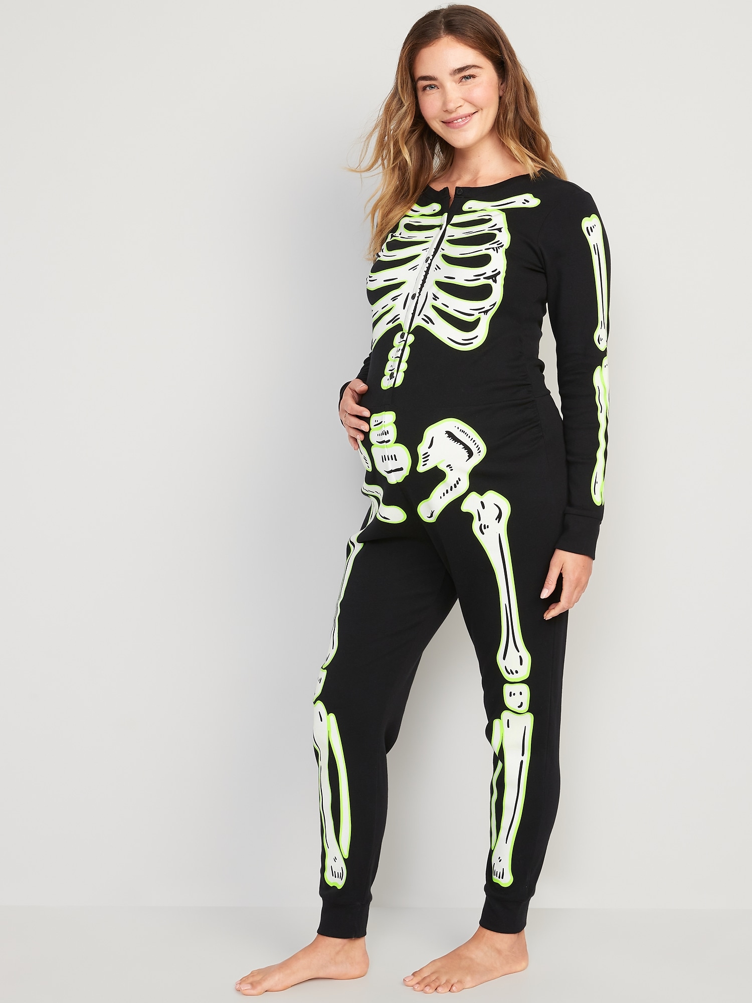 Maternity Matching Halloween Glow-in-the-Dark Skeleton One-Piece Pajamas