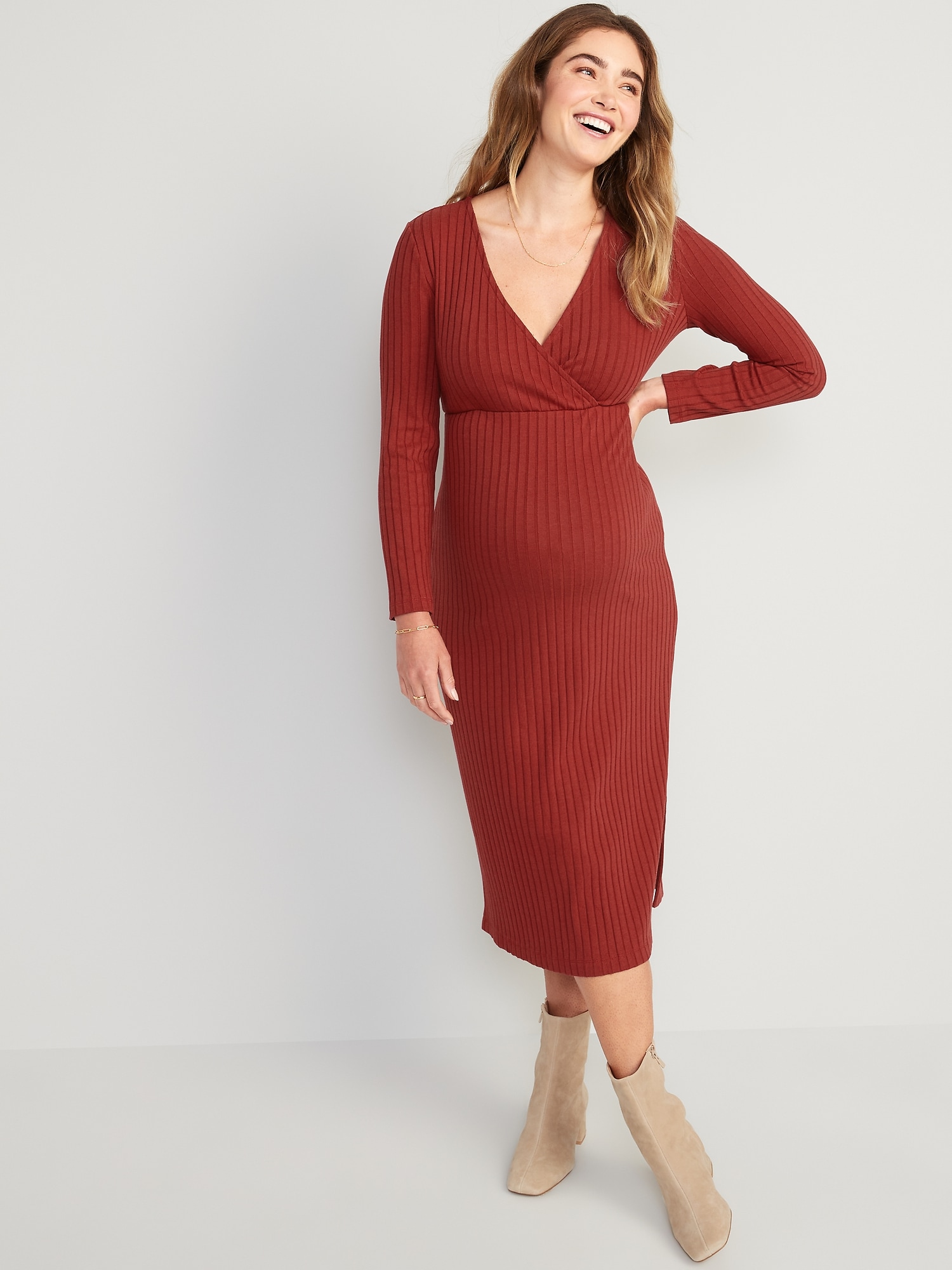 Maternity Long-Sleeve Cross-Front Nursing Midi Dress