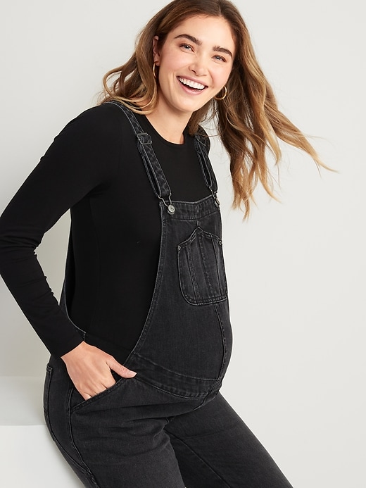 Image number 3 showing, Maternity Side-Panel Slouchy Straight Black Jean Overalls
