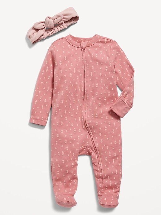 View large product image 1 of 1. Unisex Printed Sleep & Play 1-Way-Zip Footed One-Piece & Headband Set for Baby