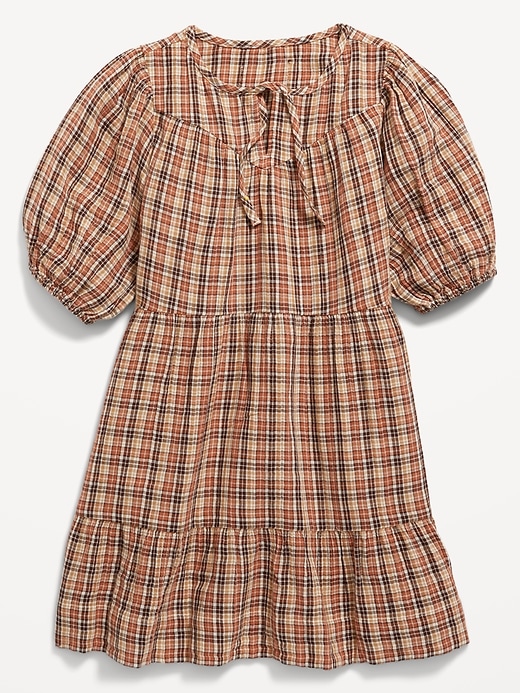 View large product image 2 of 4. Puff-Sleeve Tiered Plaid Tie-Front Dress for Girls