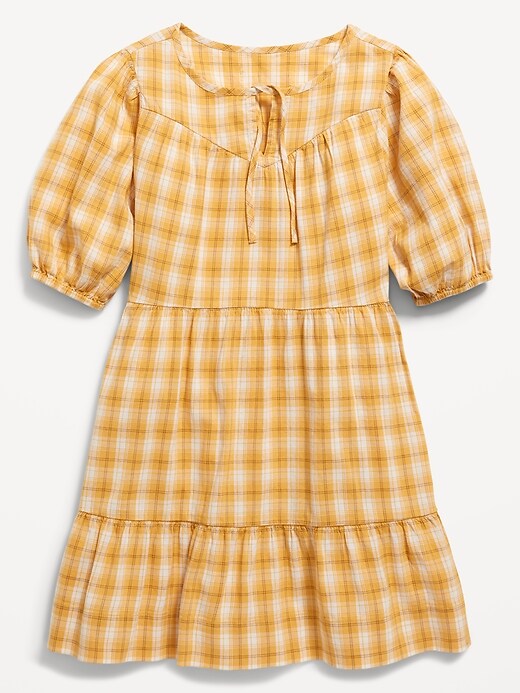 View large product image 1 of 1. Puff-Sleeve Tiered Patterned Swing Dress for Girls
