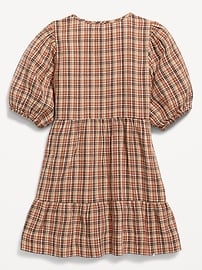 View large product image 3 of 4. Puff-Sleeve Tiered Plaid Tie-Front Dress for Girls