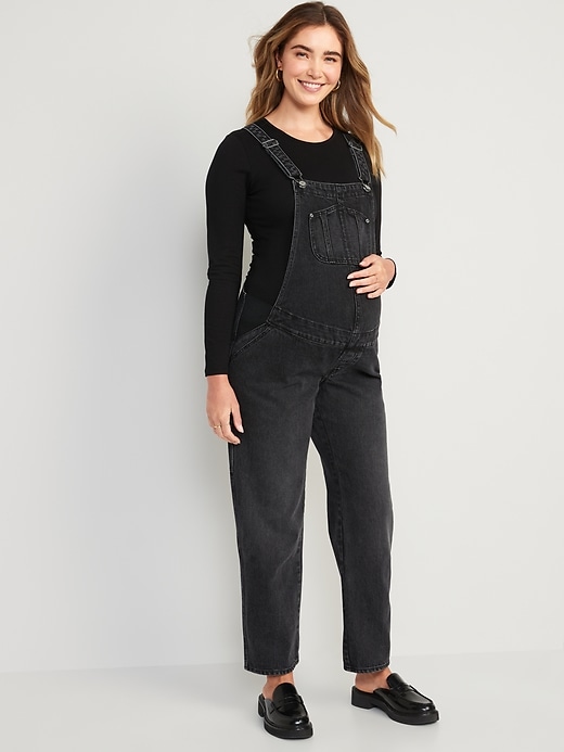 Image number 1 showing, Maternity Side-Panel Slouchy Straight Black Jean Overalls