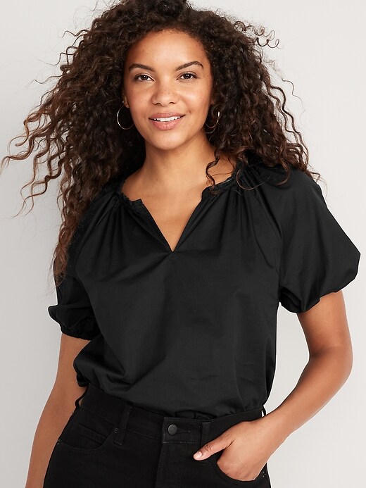 Image number 1 showing, Puff-Sleeve Split-Neck Swing Blouse for Women
