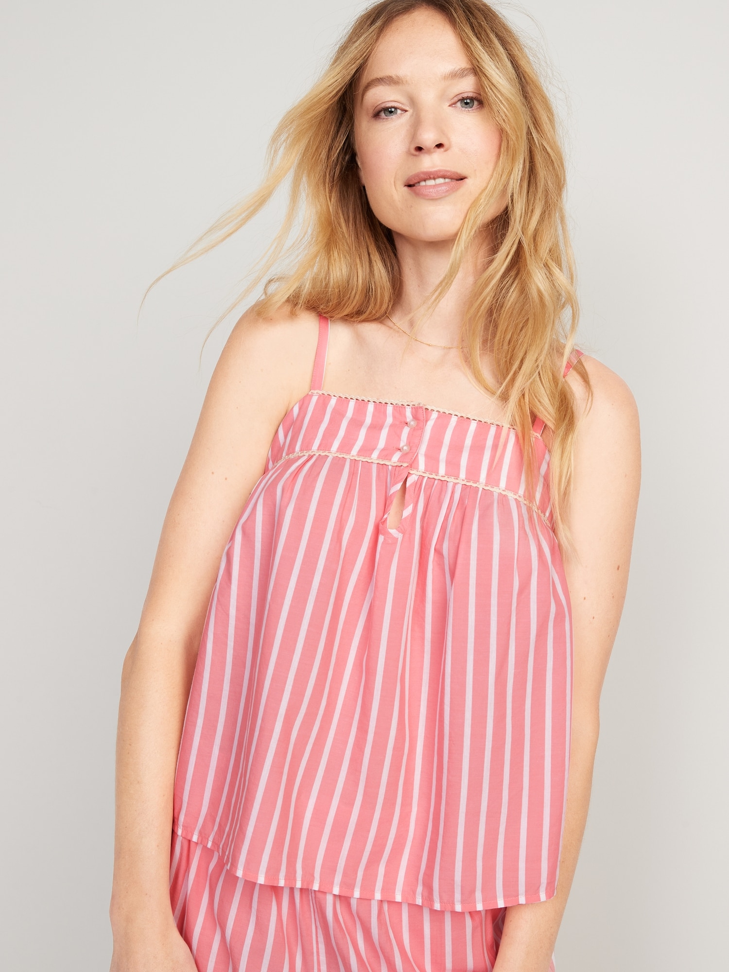 Old Navy Striped Smocked Pajama Cami Swing Top pink. 1