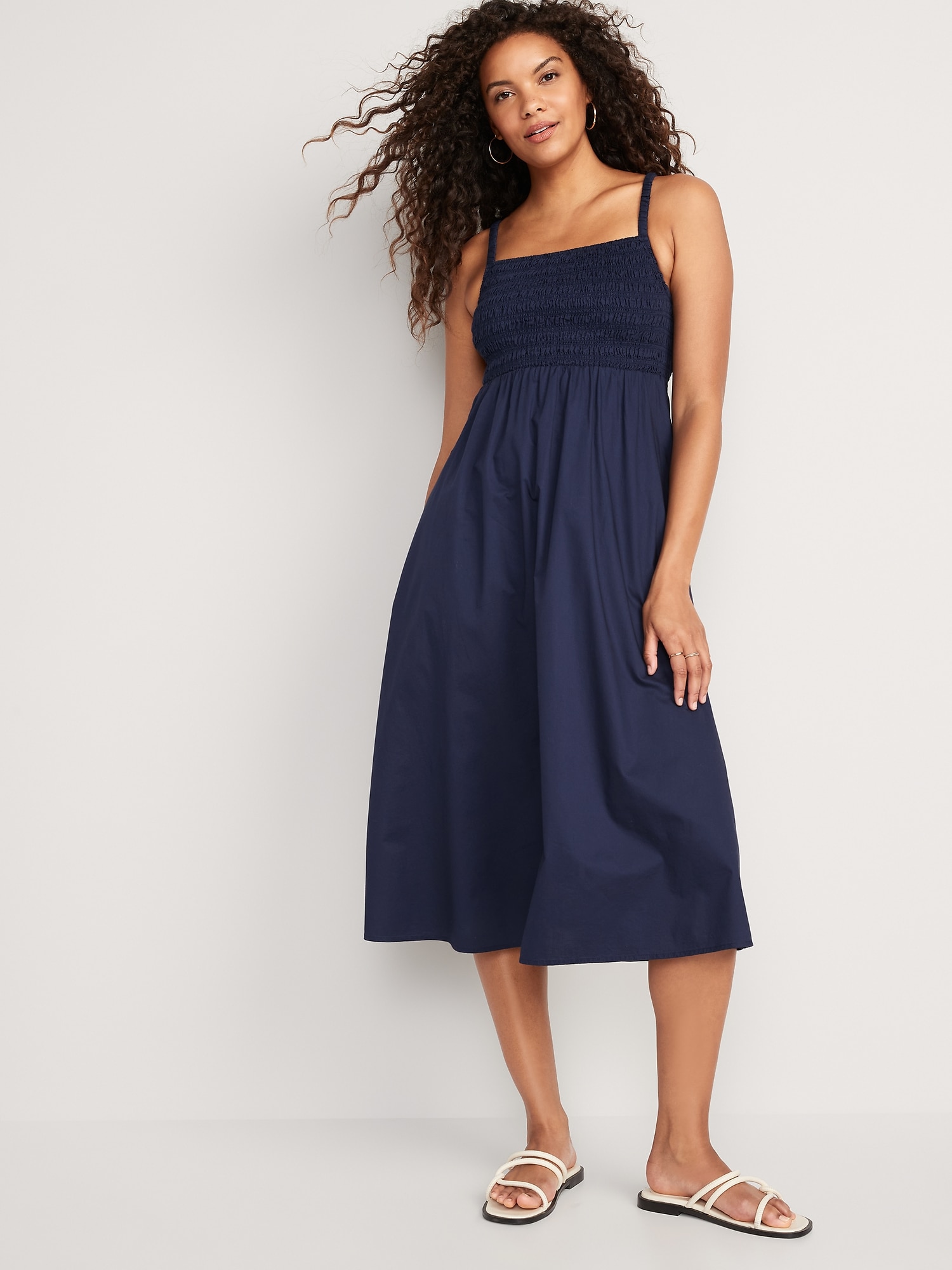 Old Navy Fit & Flare Cotton-Poplin Smocked Cutout Cami Midi Dress for Women blue. 1