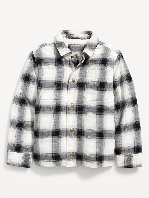 View large product image 2 of 3. Gender-Neutral Cozy Plaid Flannel Sherpa-Lined Shacket for Kids